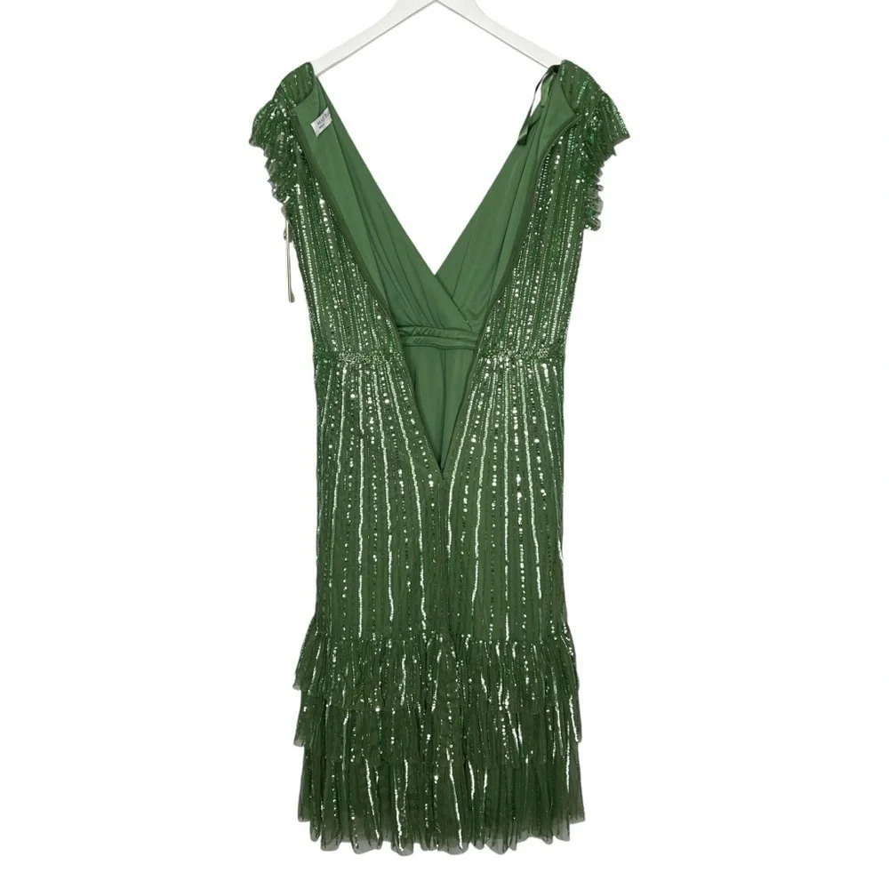 Mac Duggal Sequined Wrap Over Cap Sleeve Ruffle Hem Dress Sage Size 6 NEW - Picture 9 of 15